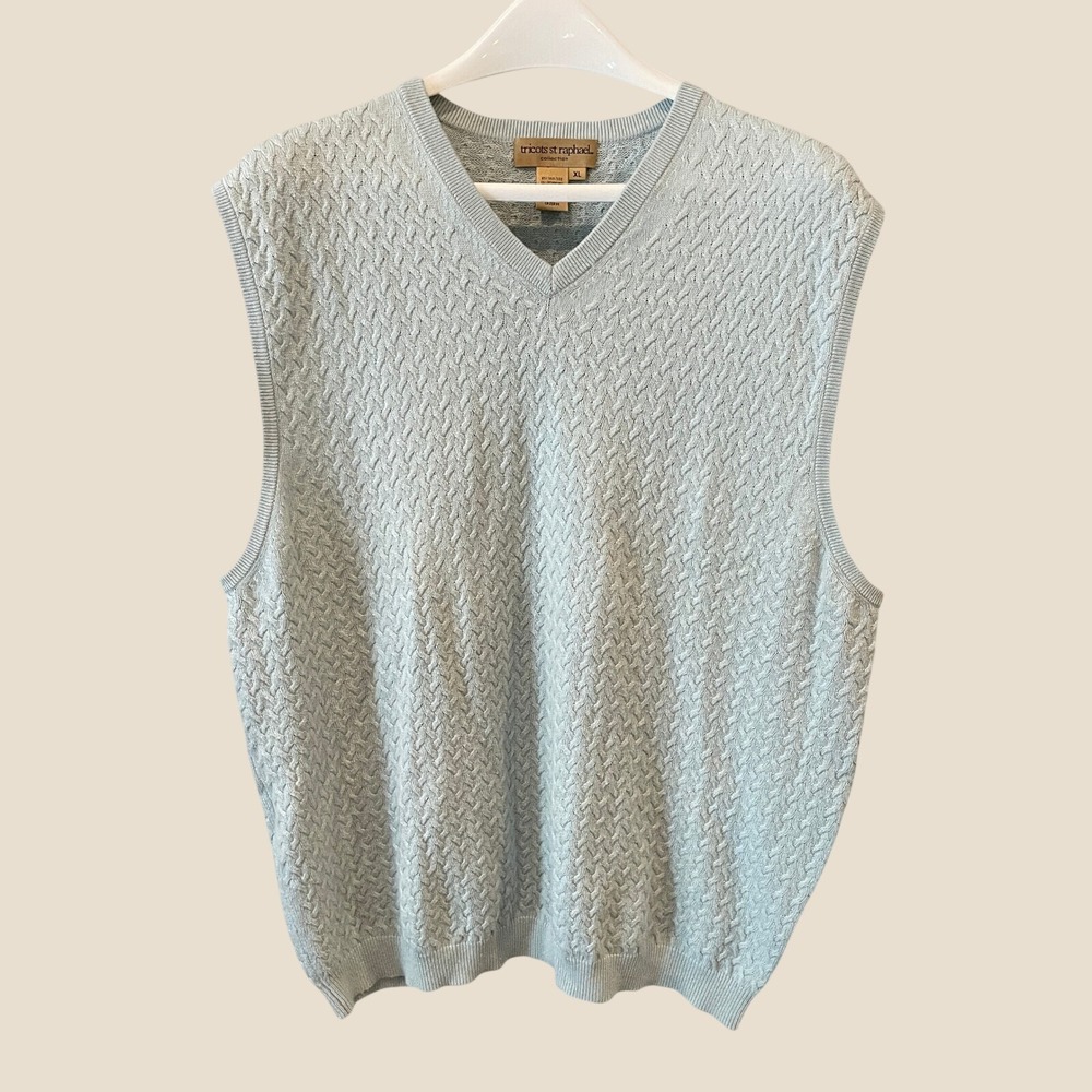 Tricots St Raphael Mens Silk Cashmere Sweater Vest Light Blue Cable Knit XL Golf